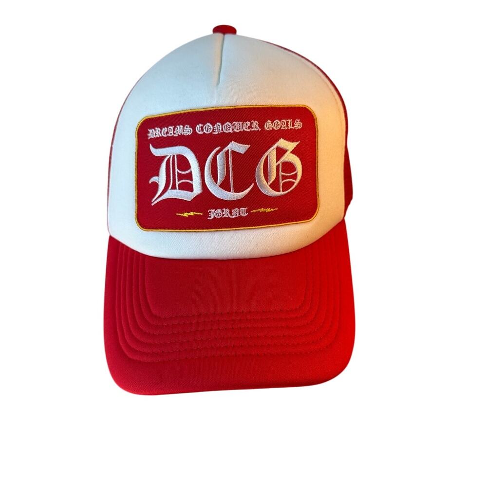 JUGRNAUT x DCG Dreams Conquer Goals Red Trucker Hat Embroidered